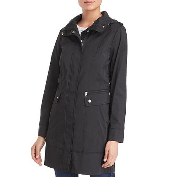 Cole Haan Jackets & Blazers - Cole Haan | Women's Small | Black Rain Jacket Tie Waist in Back Hide-Away Hood